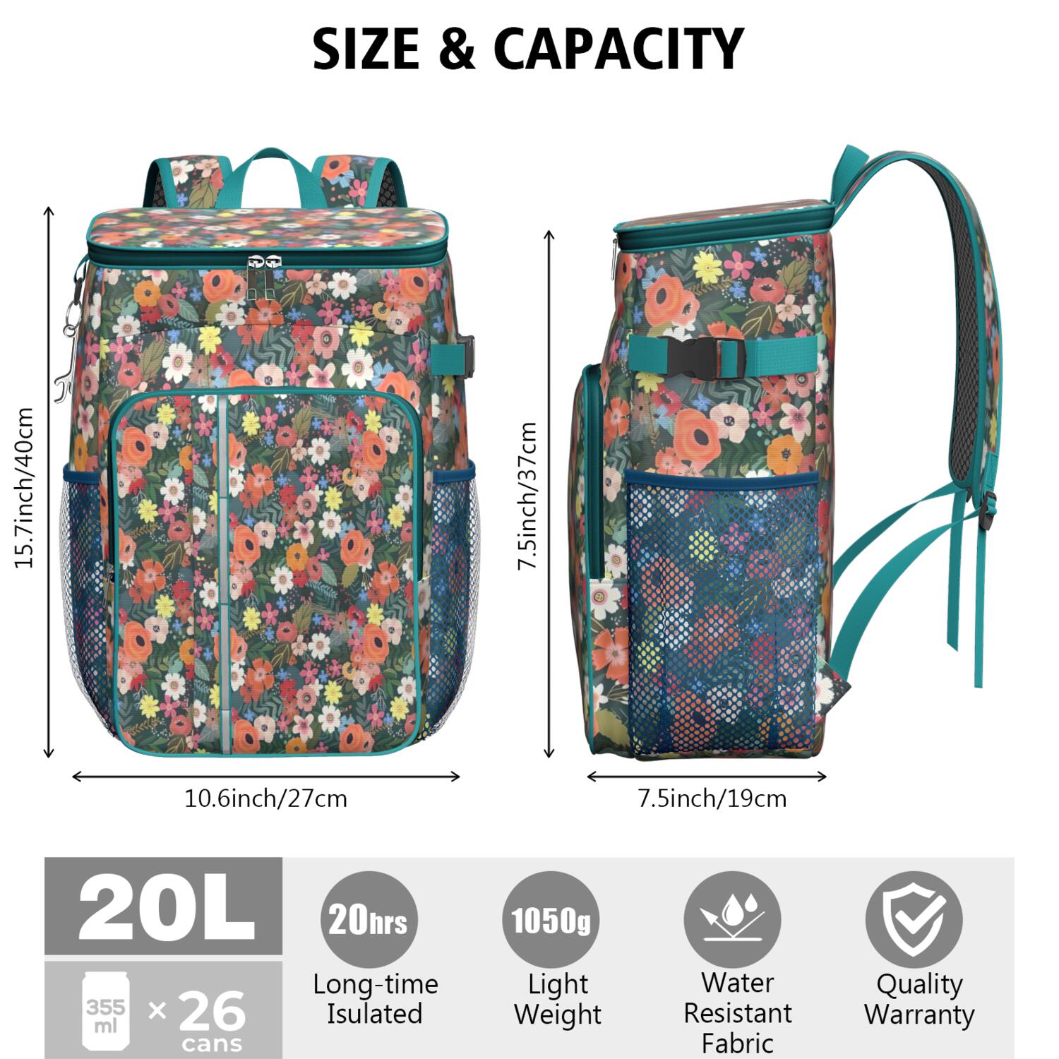 Travel Cooler Bag - Pioneer Flower Floral Print Pattern Camping Beer Cooler Backpack with Bottle Opener- Waterproof Insulated Picnic Backpacks - Cooler Bag for Beach