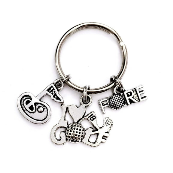 Golf themed keychain. Includes I Love to Golf, Fore, and 18th Green charms. Golfer and Golf Enthusiast Gift.