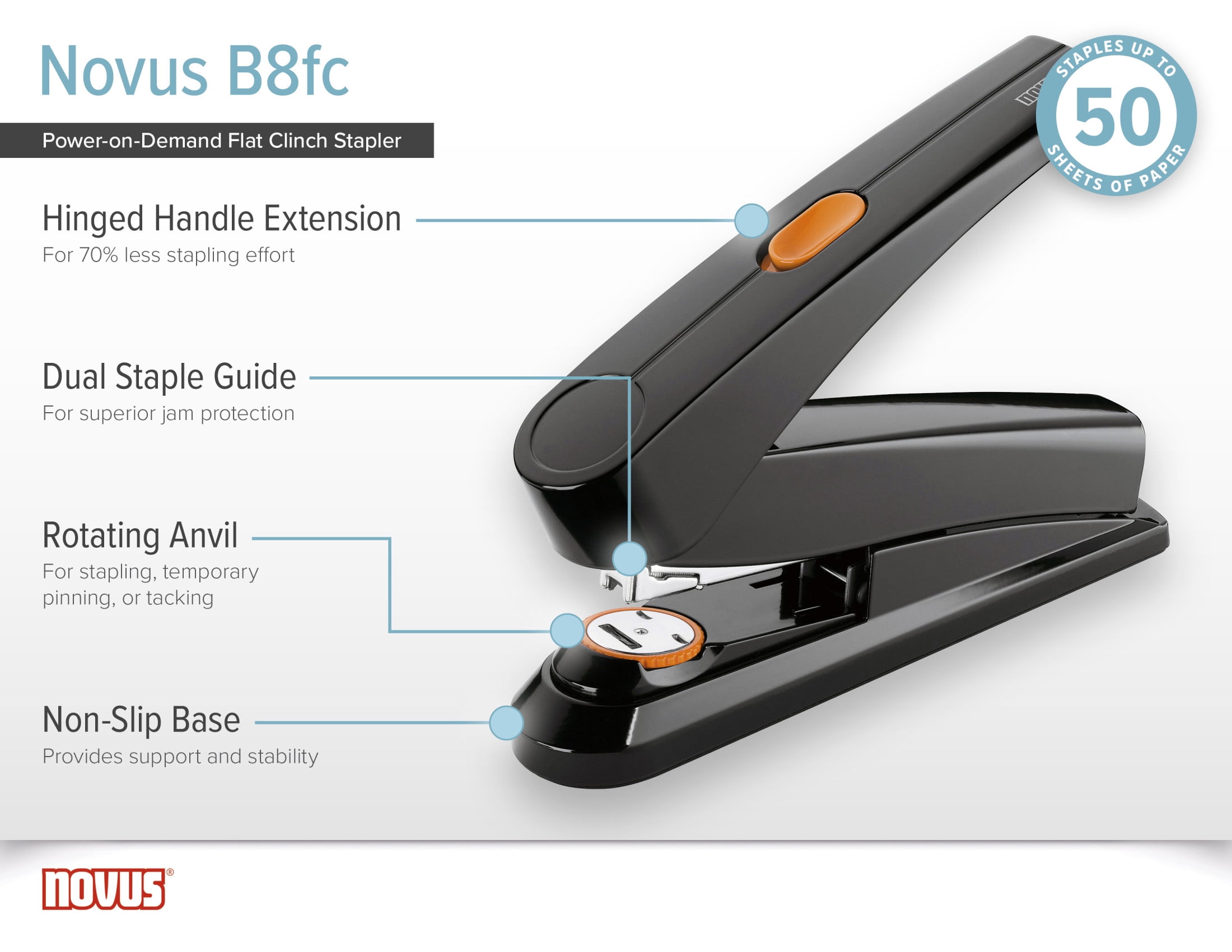 Novus B8fc Flat Clinch Stapler, 70% Less Effort, 50 Sheet Max, German Engineered, Black (020-1673)