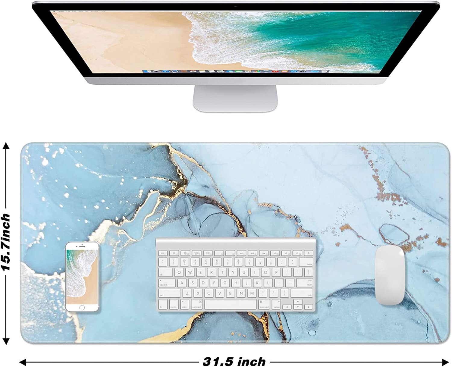 Extended Large Mouse Pad, XXL Gaming Desk Pad 31.5 x 15.7 Inch, Big Computer Keyboard Mousepad, Waterproof Mouse Mat with Stitched Edges and Non-Slip Base for Office Gaming, Blue Marble