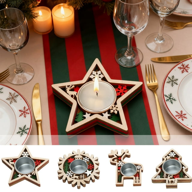 Candelabros Navideños de Madera con Forma de Copo de Nieve y Alce | Decoración para Fiestas Navideñas | Material: Madera | Multicolor | 9,2 × 11 Cm | 1 Unidad