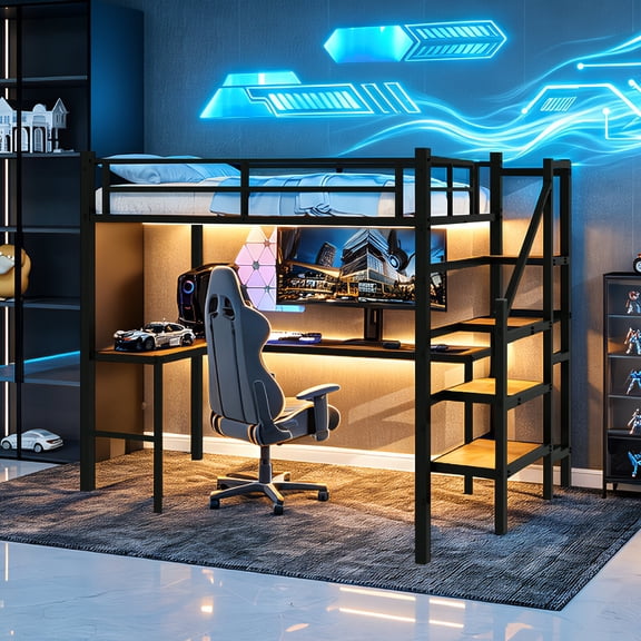 Morufur Twin Loft Bed with L-shaped Desk and Storage Space for Bedroom, Heavy Duty Metal Bed with Stairs, Continuous Belt Railing, No Spring Box Needed, Black
