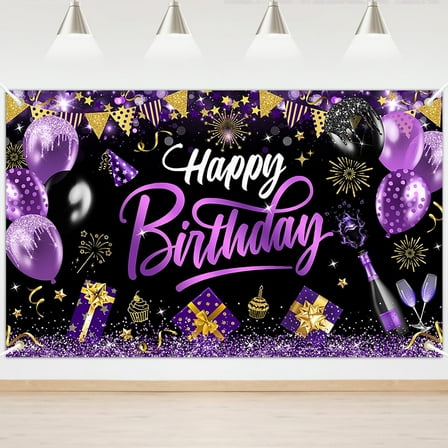 Mocsicka Purple Birthday Backdrop Glitter Happy Birthday Banner Party Decorations for Men Women 6x3.6 ft