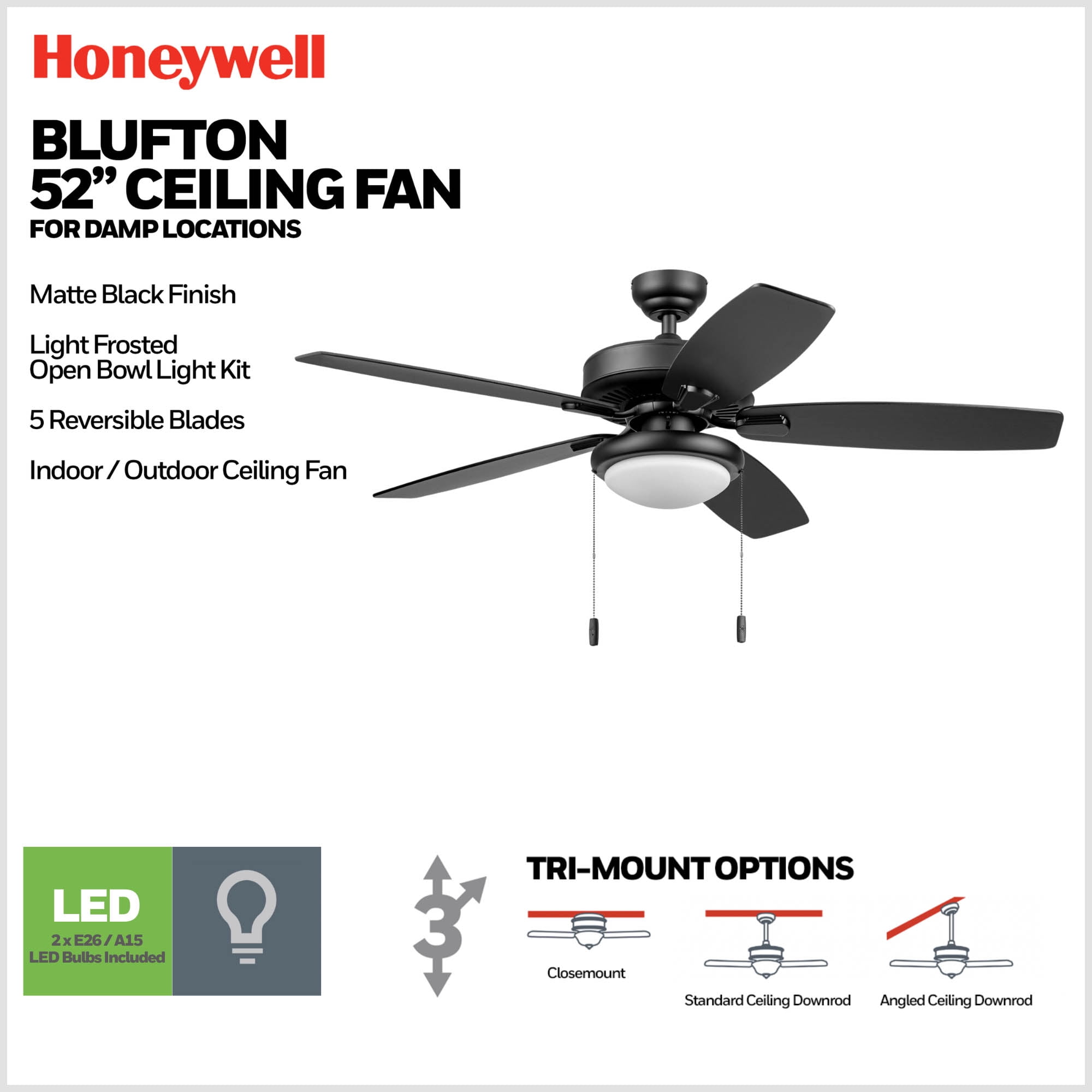 Honeywell Blufton 52" Traditional Black Indoor/Outdoor Ceiling Fan with Light, Pull Chains & Reversible Motor