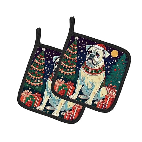 White Boxer Christmas Pair of Pot Holders 7.5 in x 7.5 in