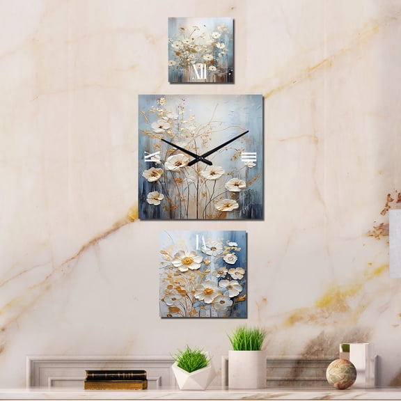 Designart "Botanical Delights of Wildflowers" Wildflowers Extra large Clock For Office Décor - Large Traditional Wall Clock - Oversized Beige Wall Clock - Set Of 3