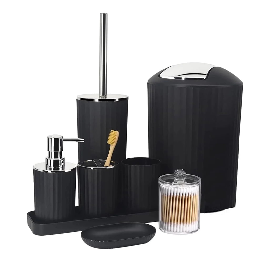 Bathroom Accessories Set, 10Pcs Bathroom Set - Waterproof Shower Curtain Set with Hook (71"×71"), Toothbrush Cup/Holder, Soap Dispenser, Soap Dish, Toilet Brush, Qtip Holder & Trash Can