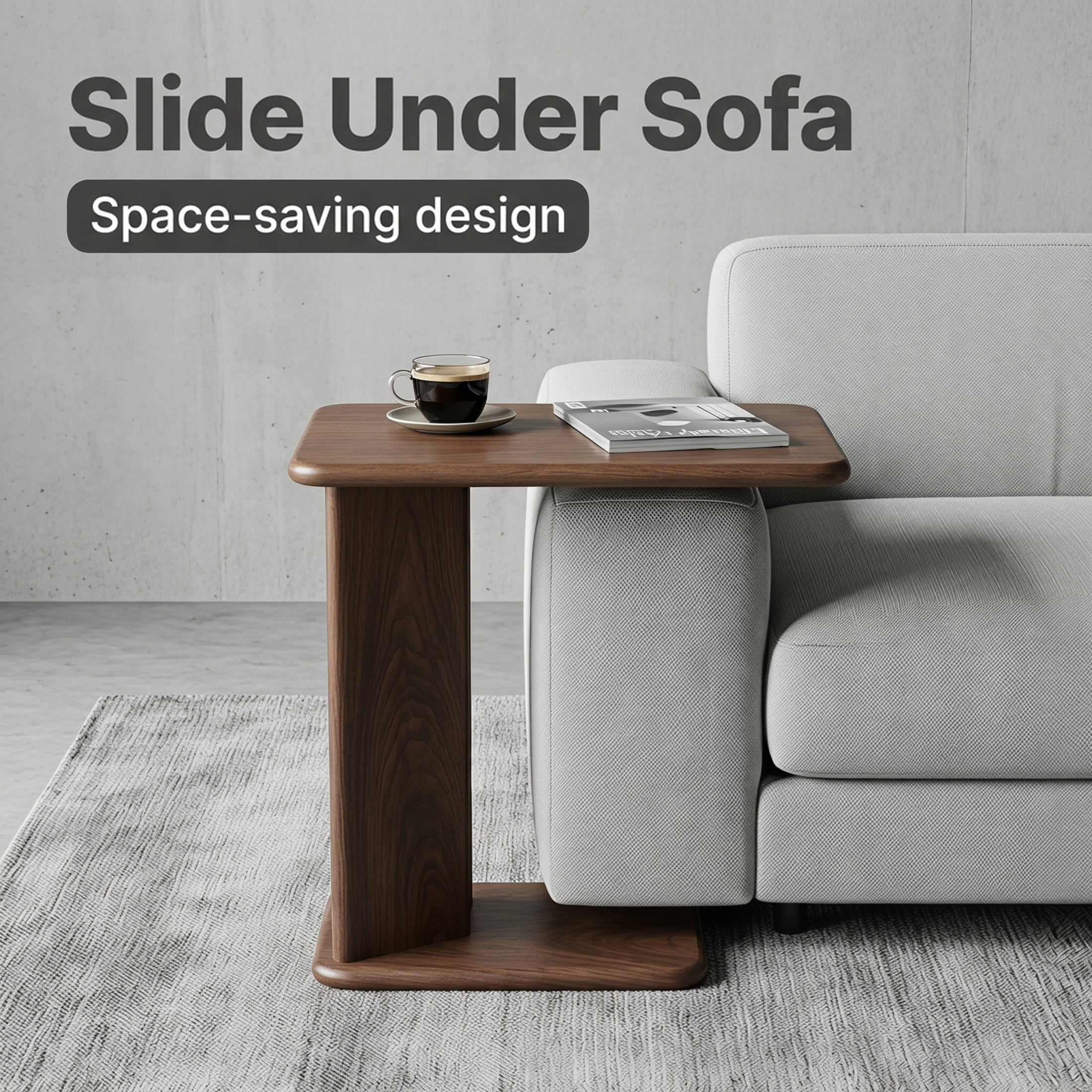 GDF Studio 23.6" Modern C-Shaped Side Table with 2-Tier Storage Shelves, Walnut