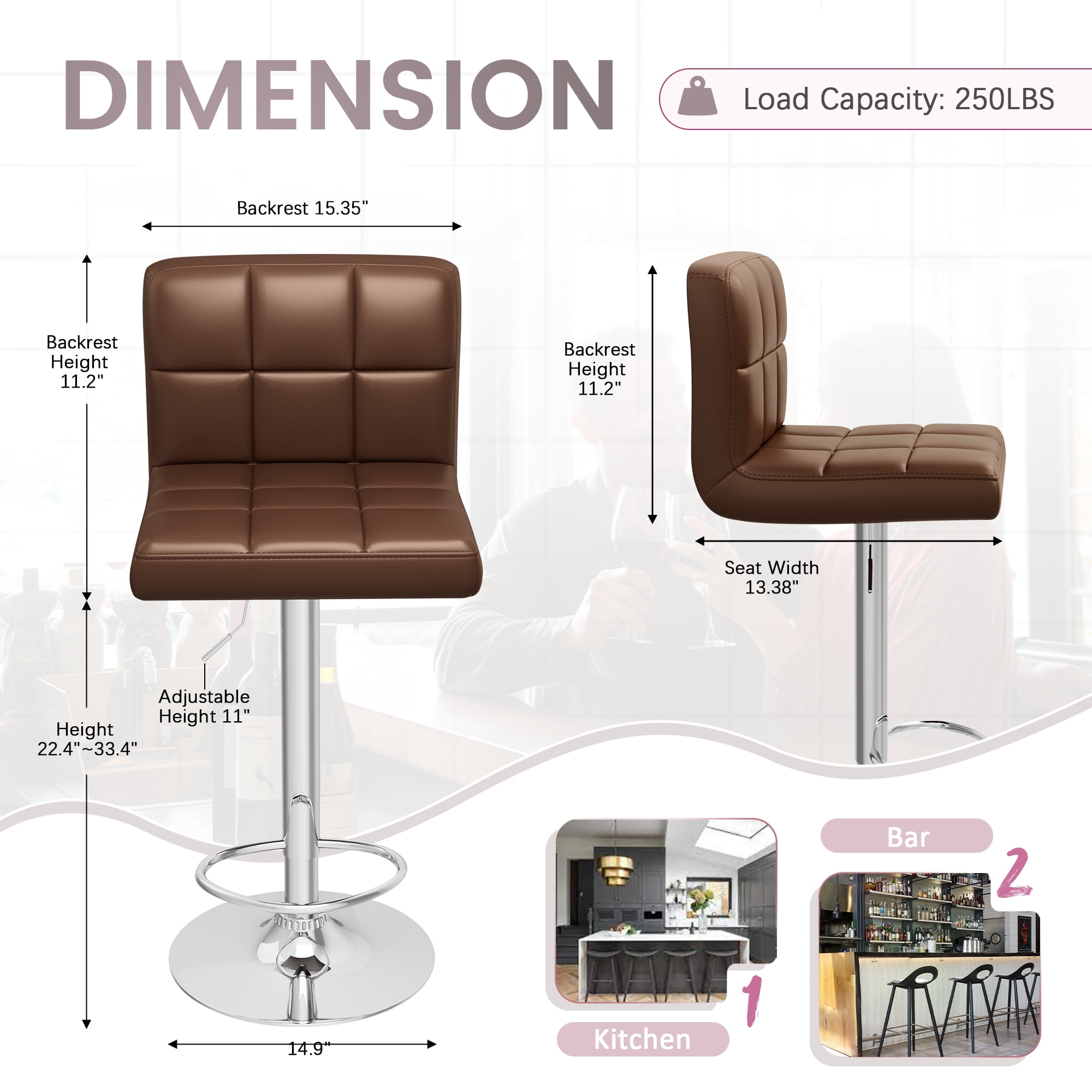 Homall Bar Stools Set of 2 PU Leather Counter Height Adjustable Swivel Barstool with Back for Kitchen, Brown