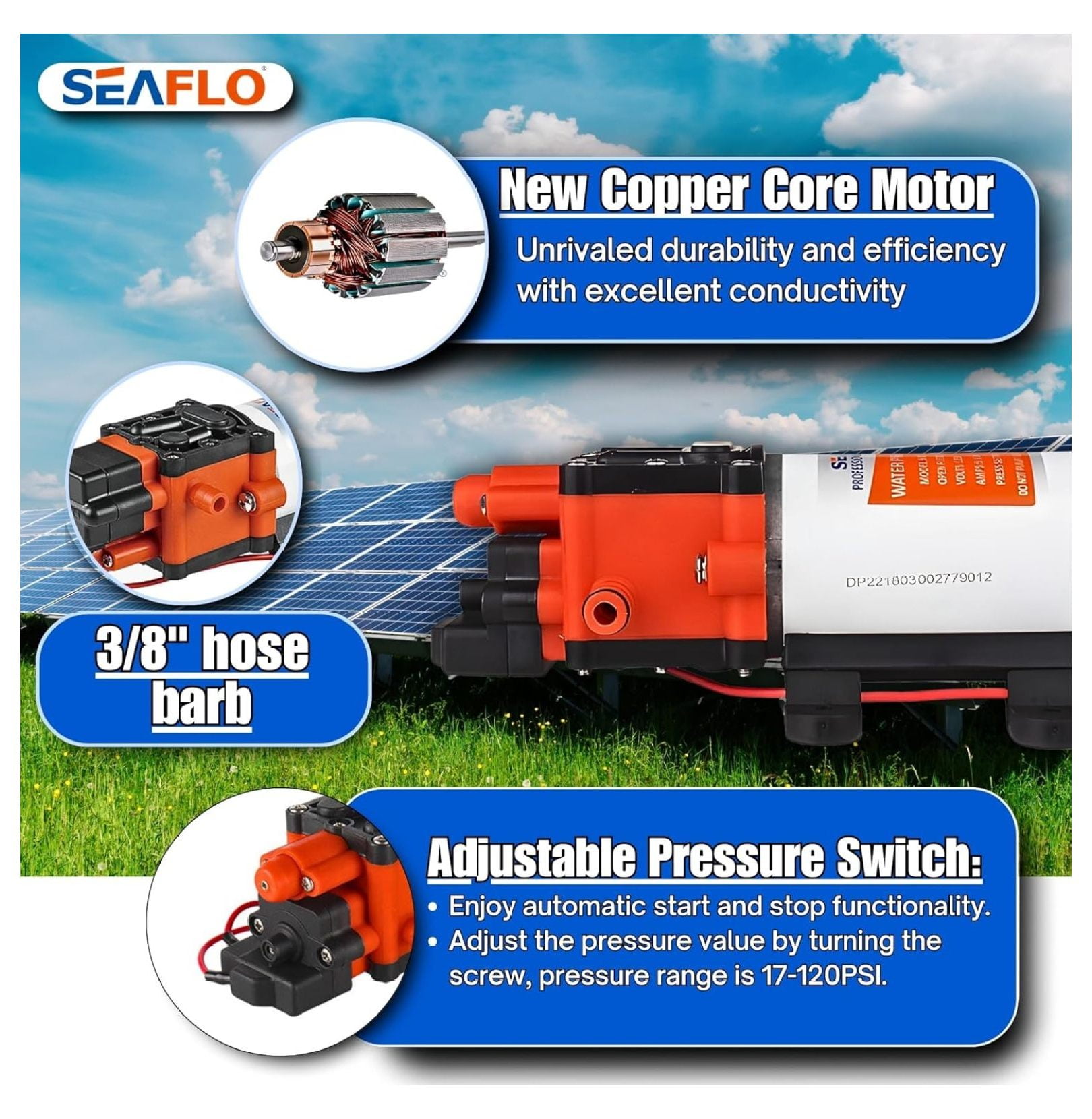 22-Series Water Pump - 12V, 1.3 GPM, 100 PSI - On-Demand Water Pressure Diaphragm Pump for Marine, RV, Agriculture, and Off-Grid Applications