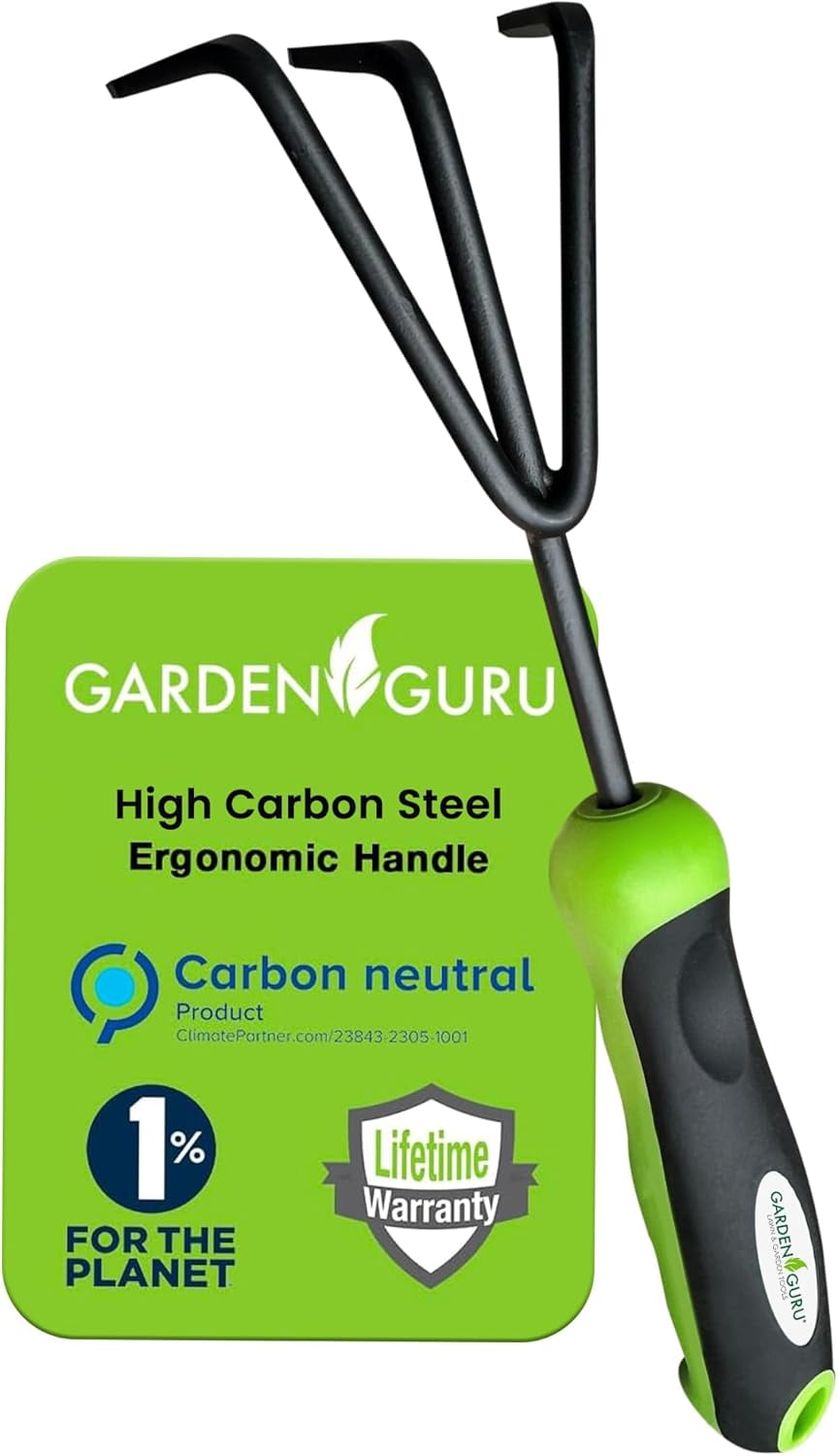 RGHJAR-Garden Guru Hand Cultivator Rake Tiller Tool – High Carbon Steel for Ultimate Strength - Rust Resistant – Ergonomic Handle – Great for Gardening Cultivating Loosening Weeding