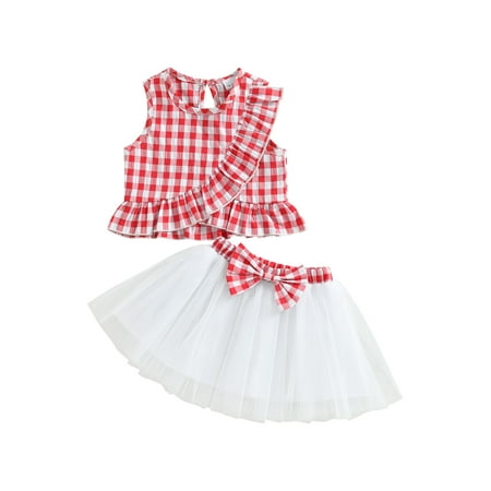 

Binwwede Baby Girls Summer Outfits Sleeveless Plaid Print Ruffle Tank Tops + Tutu Skirt Set