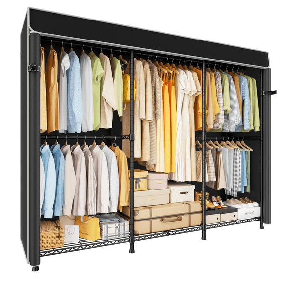 E14C Heavy Duty Closet Organizer System,Freestanding Clothing Racks for Hanging Clothes,Adjustable Garment Rack 70.1" W × 16.6" D × 76.4" H Hold 960 lbs,Black Rack with Black Dustproof Cover
