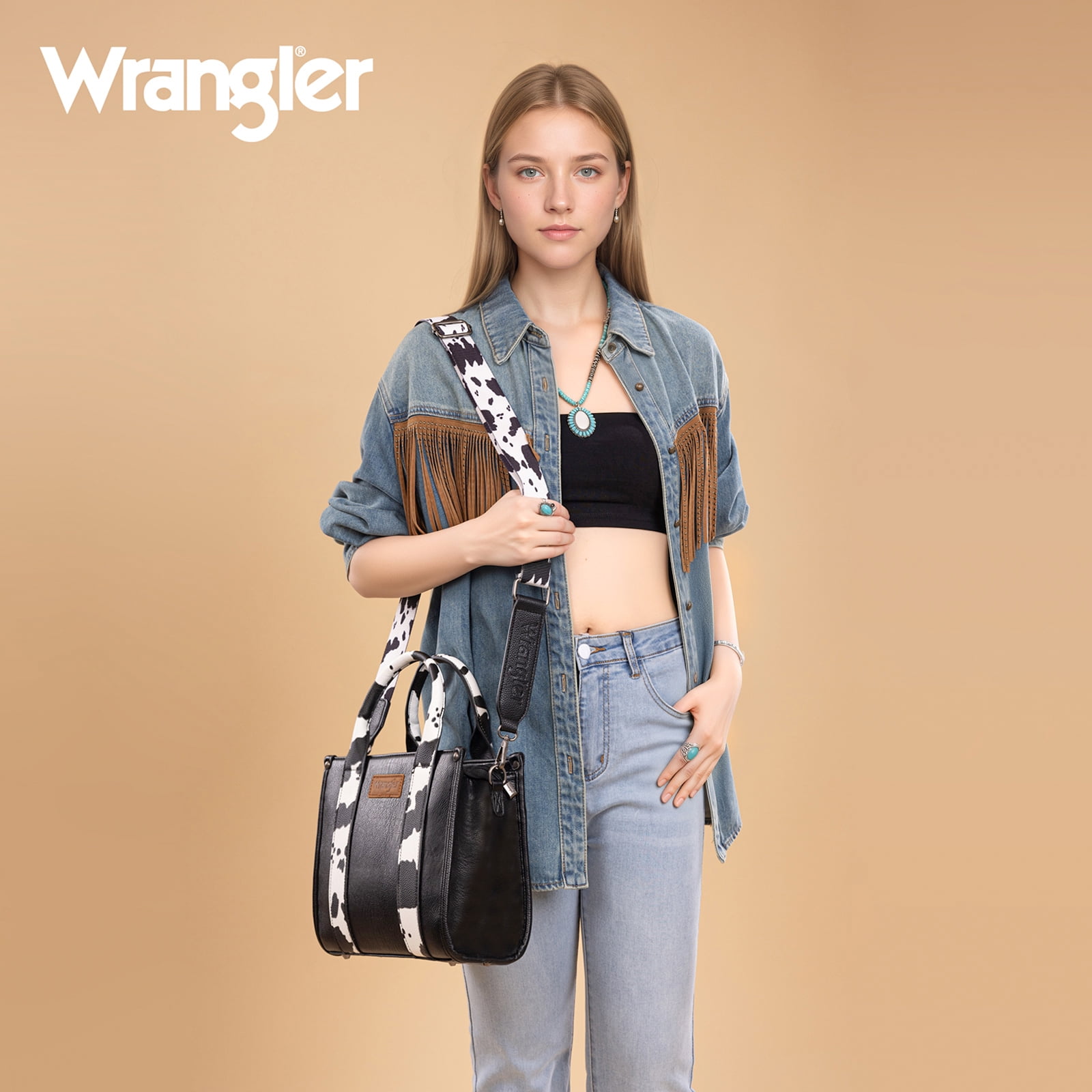 Wrangler Aztec Tote Bag for Women Boho Shoulder Purse, Cow-Black