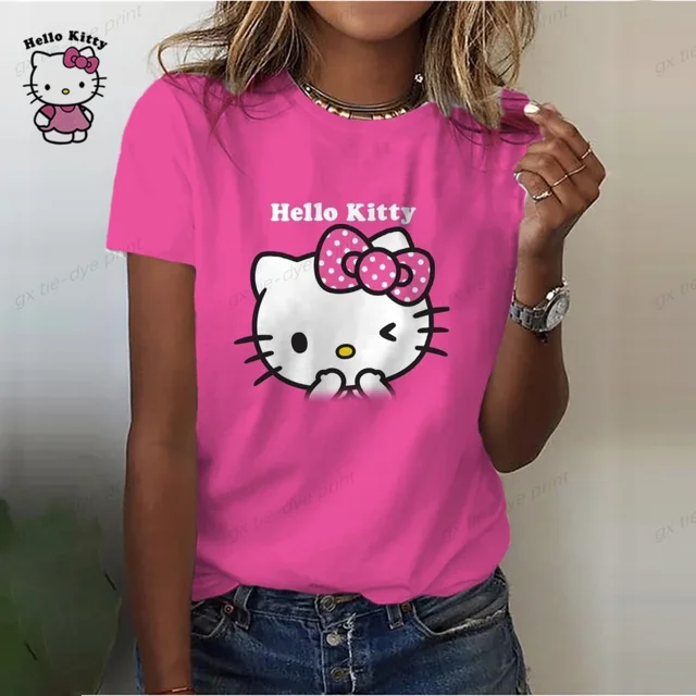 T-Shirt Mode Adorable Hello Kitty Impression 3D Femmes Dames Filles Dessin Animé Harajuku Col Rond Manches Courtes Unisexe Hauts et T-Shirts d'Été 5TG ZR