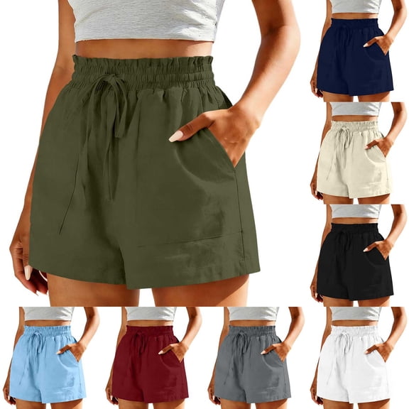 SBYOJLPB Shorts for Fashion Women Casual High Waist Linen Loose Pocket Straight Solid Short Pants