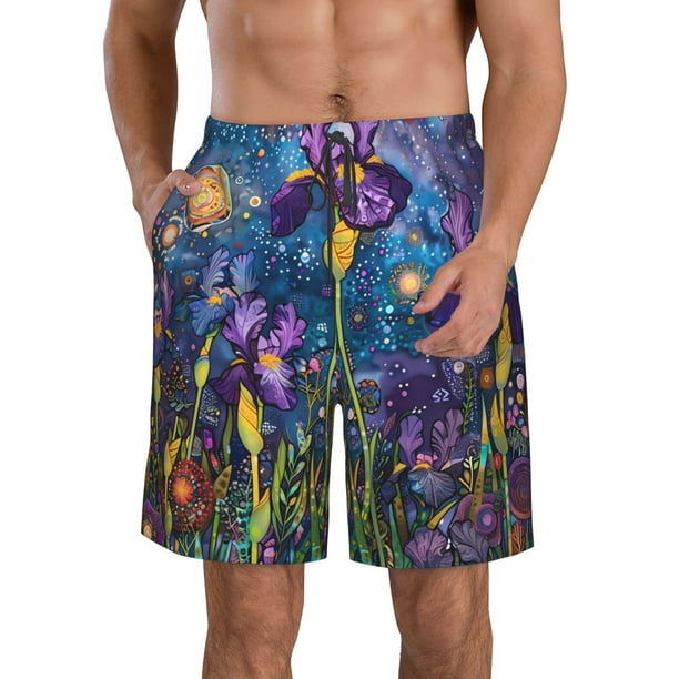 Balery Cosmic Purple Irises Traje de Baño Estilo Hawaiano para Hombre, Shorts de Secado Rápido con Bolsillos-Small