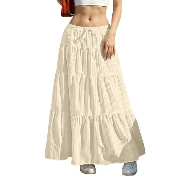 qolati Women Long Maxi Skirts Elastic High Waist A Line Ruffle Swing Beach Maxi Skirt S-2XL