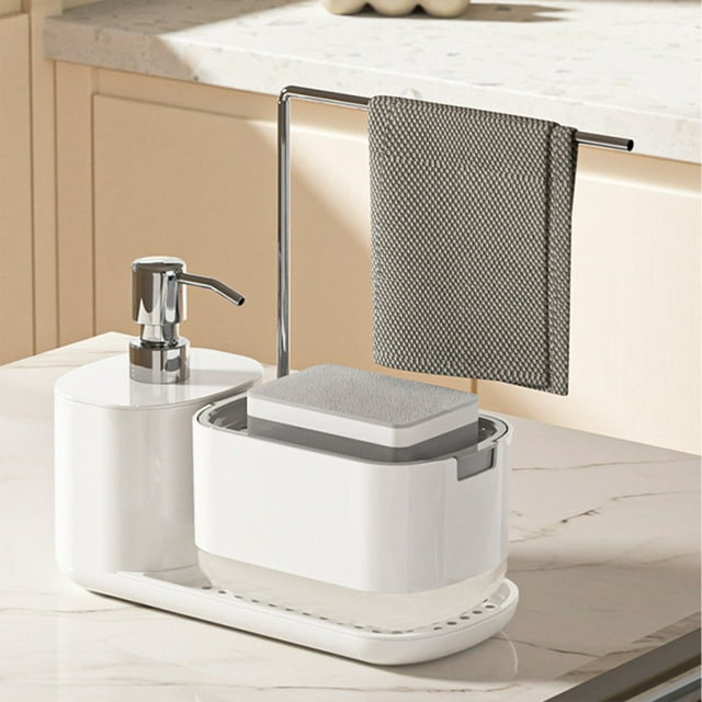 Suncoda Dish Soap Dispenser, Hand and Soap Dispenser Set with Tray Soap Dispenser with Sponge and Dishcloth Organizer for Kitchen Sink Countertop Storage