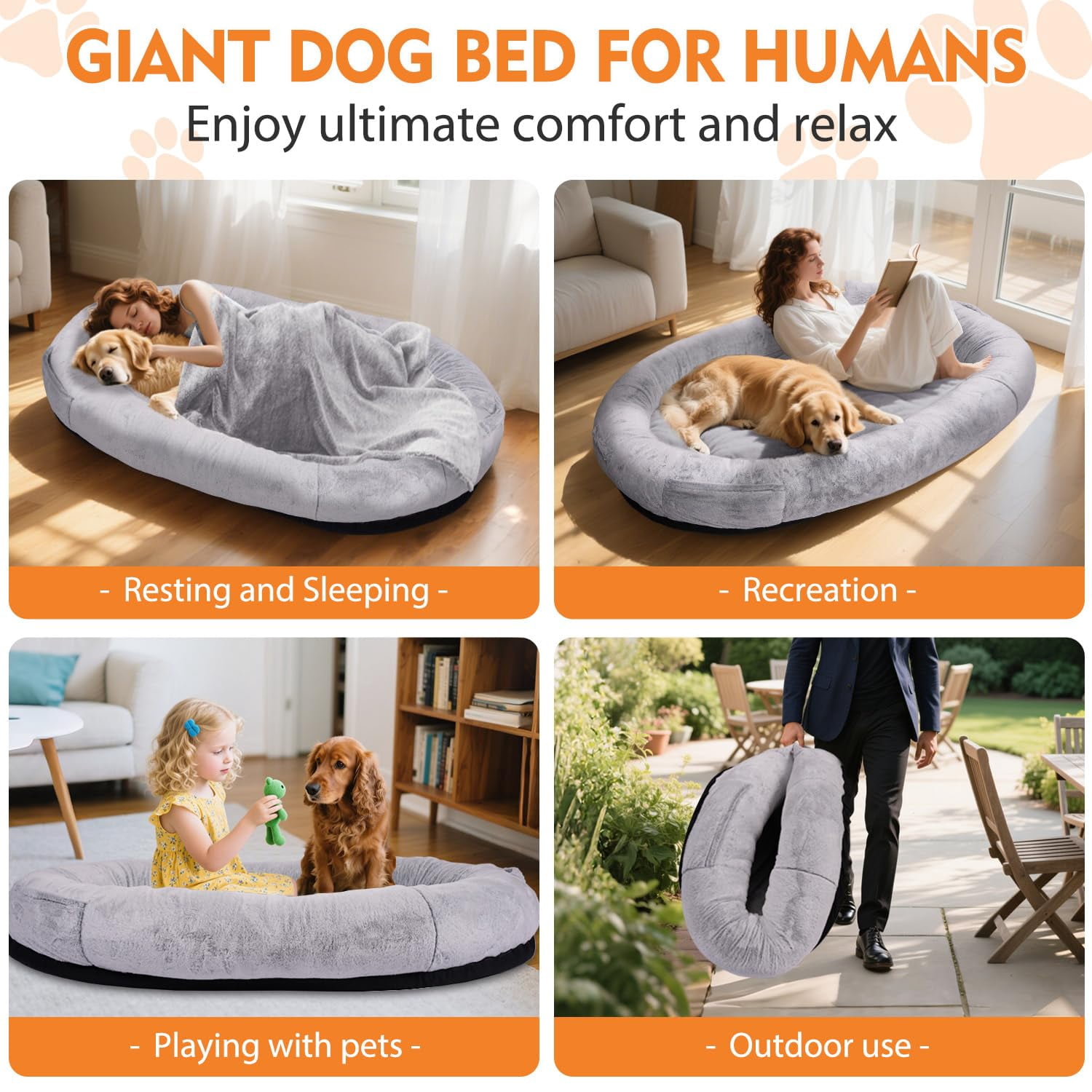 Human Size Dog Bed for Adults and Pets, 71x45x14 Inch Oversized Orthopedic Bean Bag, Plush Faux Fur Washable Cover with Pillow and Blanket, Gray