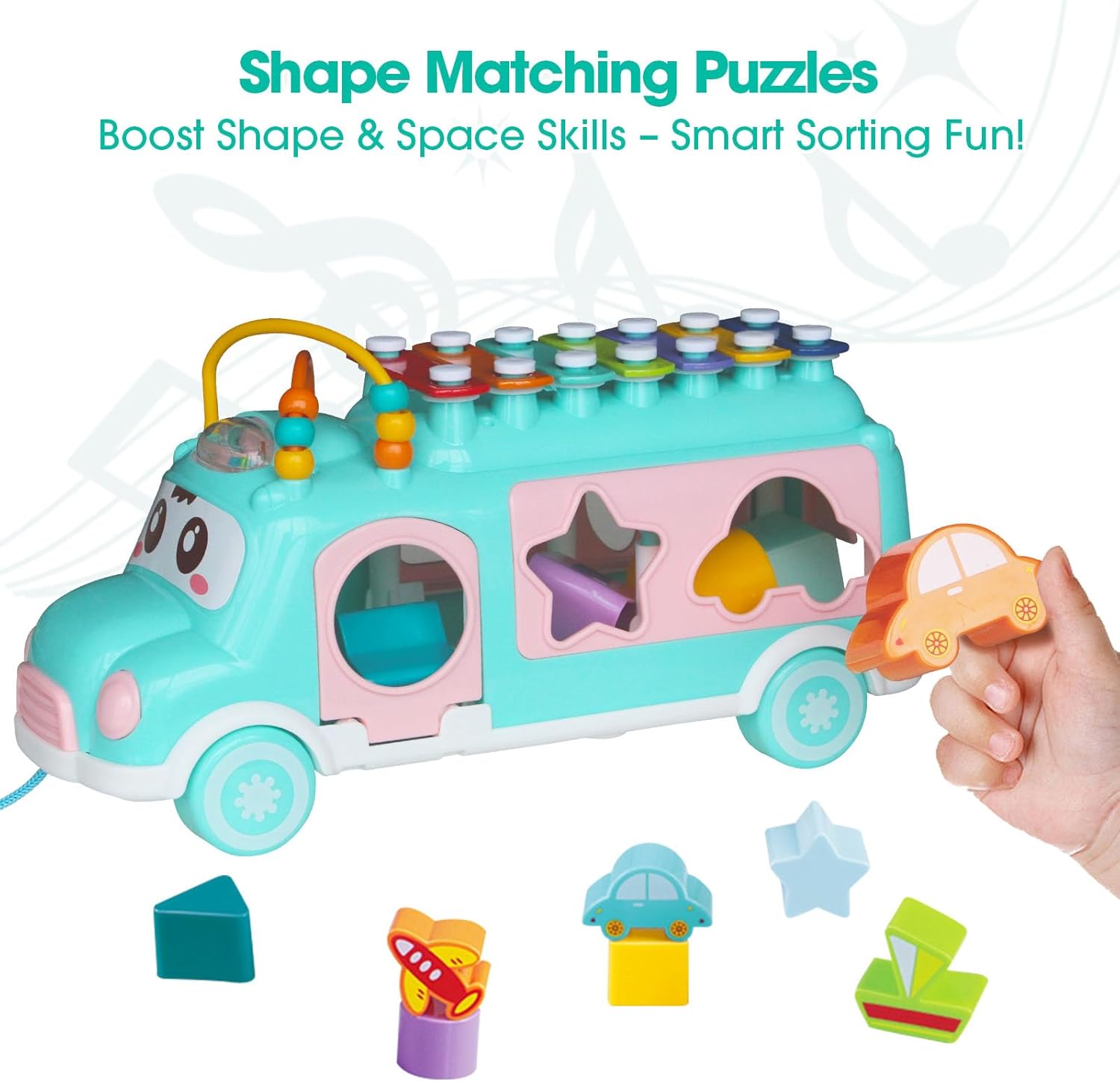 Baby Xylophone for Toddlers 18M+, Bus Shaped Toy Xylophone for Kids with Child Safe Mallet, Shape Sorting Educational Musical Toys and Instruments for Toddlers 1-3