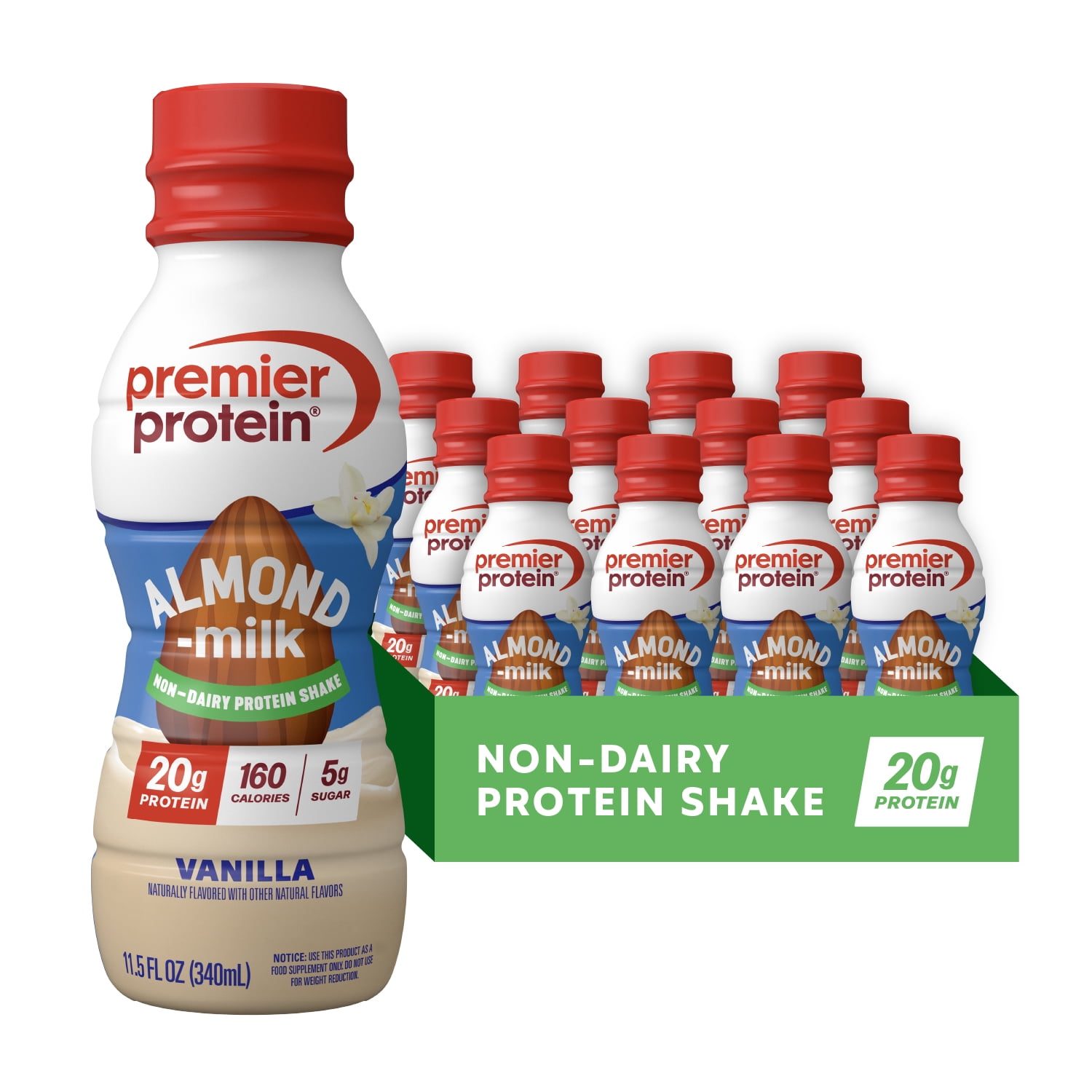 Premier Protein Almondmilk Non-Dairy Protein Shake, 20g Protein, 5g Sugar, 11.5 Fl oz, Vanilla, 12 Count