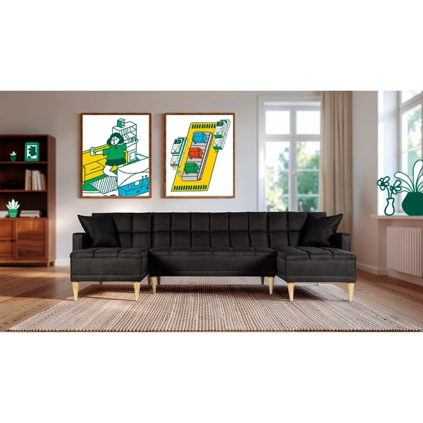 Sala Modular Doble Chaise Makora Travis con Memory Foam Color Negro Lino Respaldo Reclinable de 3 Posiciones