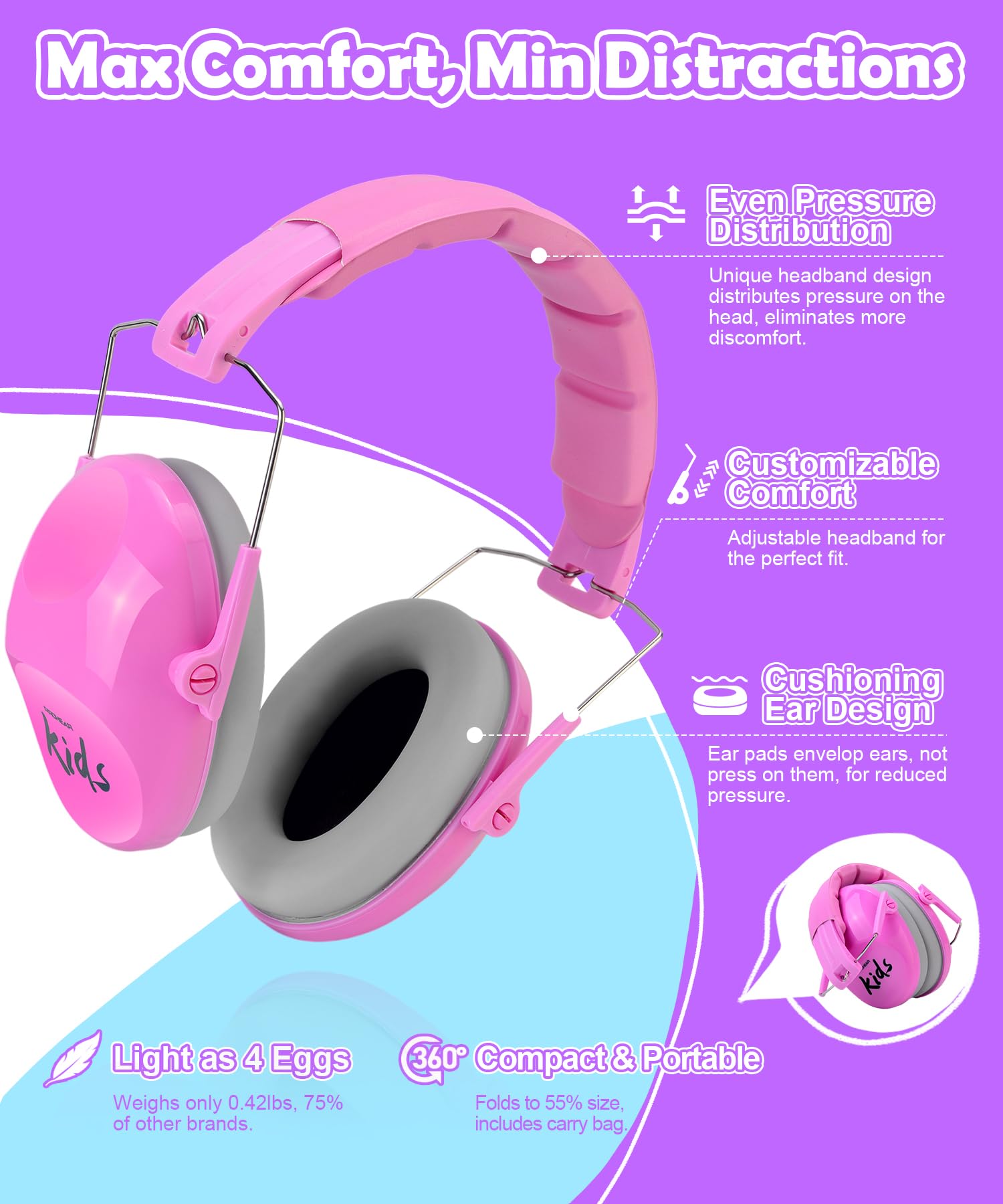PROHEAR 032 Kids Noise Cancelling Headphones, Princess Pink photo 6