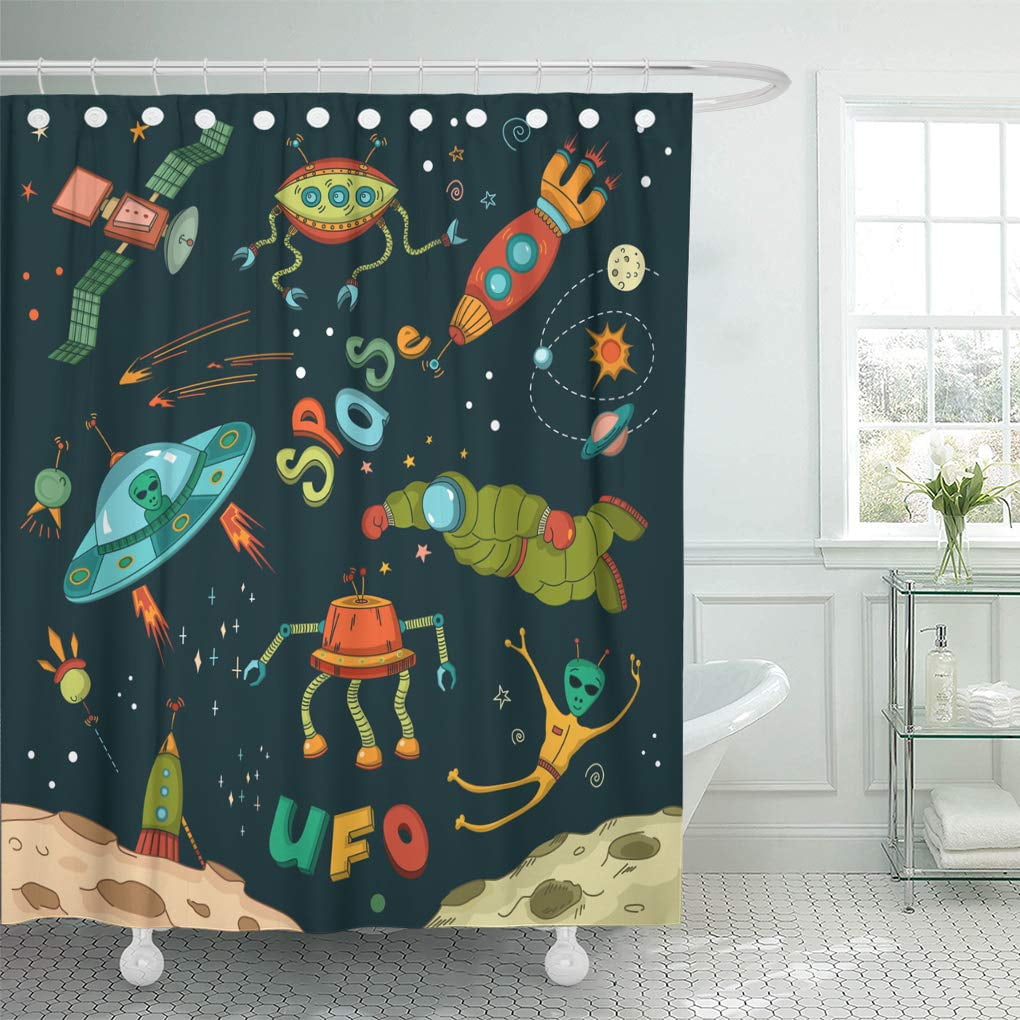 Yusdecor Cartoon Outer Space Design Elements Moon Spaceship Astronaut Rocket Art Bathroom Decor Bath Shower Curtain 66x72 Inch Walmart Canada