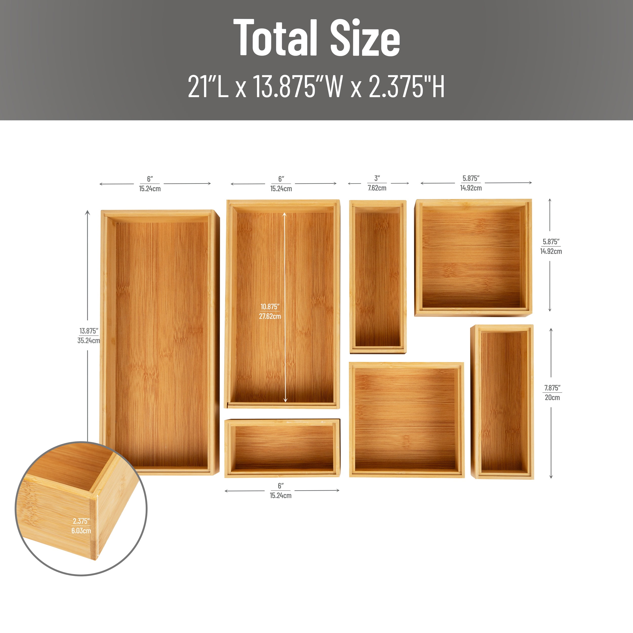 Mind Reader 7-Piece Bamboo Drawer Organizer Set, Kitchen, Office, Bathroom, Makeup & Utensil Trays, Rayon from Bamboo, Brown