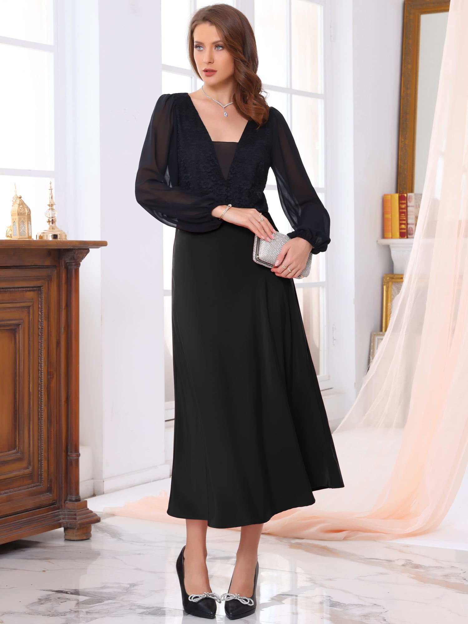 DARING DIVA Women's Satin Maxi Formal A-Lined Cocktail Mermaid Skirts Medium Black