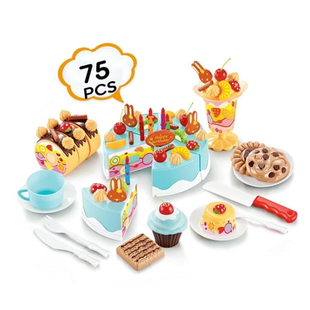 Birthday CAKE Play Food Set light blue 75Pcs Plastic Kitchen Cutting Toy Pretend (Best Play Food Sets For Toddlers)