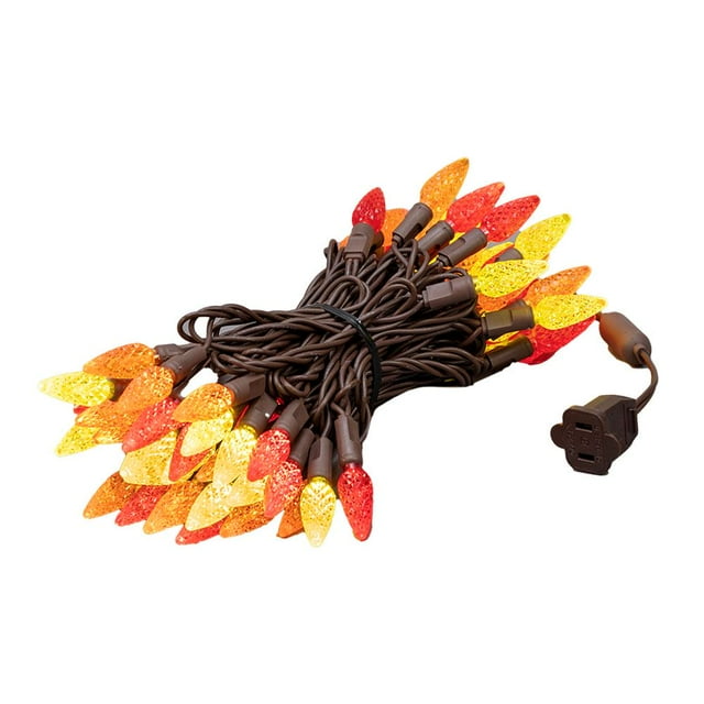 Novelty Lights 70 Light C6 LED Fall Thanksgiving Mini Light Set,Outdoor Lighting Patio Party String Lights, Yellow/Red/Orange, Brown Wire, 24 Feet