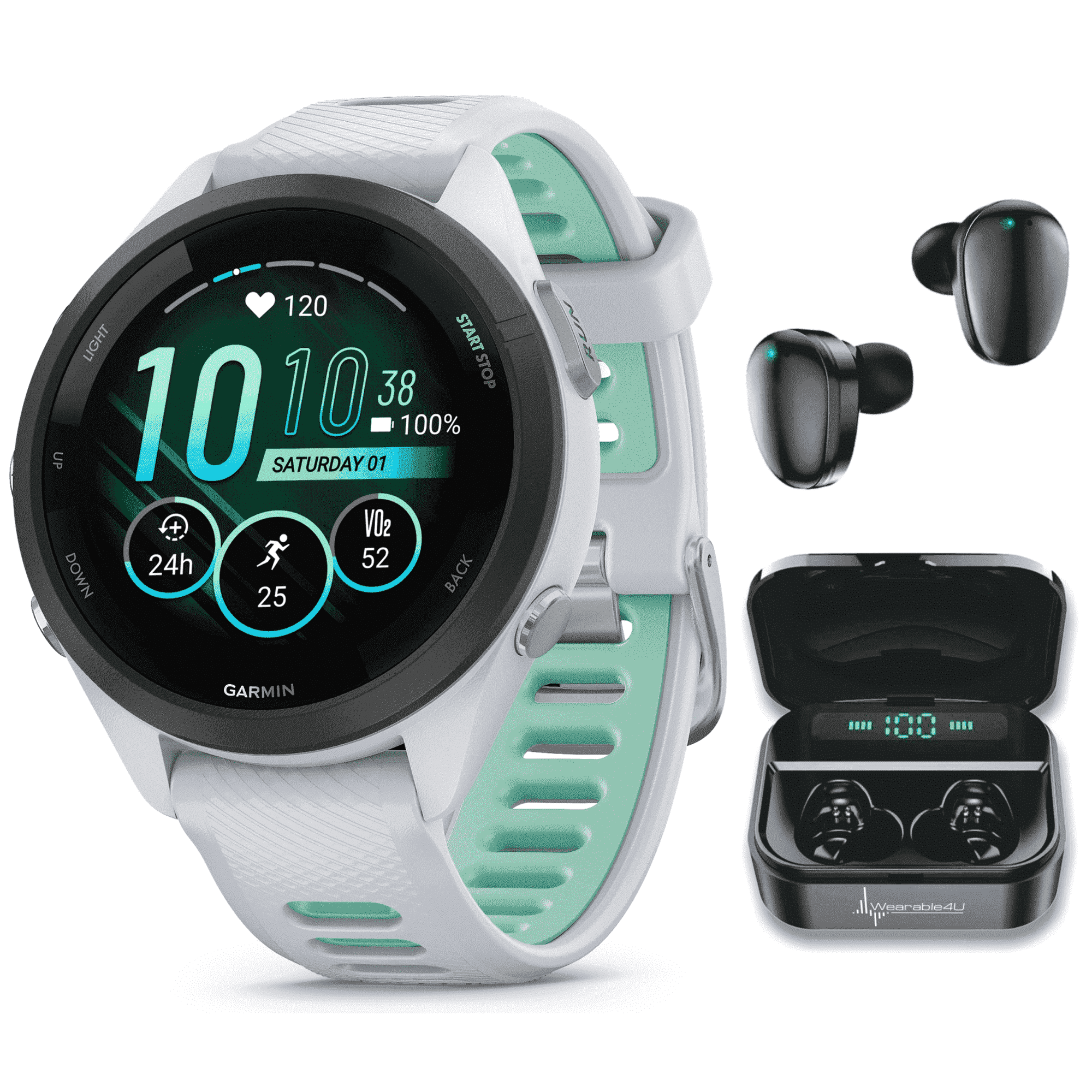 Garmin Forerunner 265S Music GPS Running Smartwatch, Whitestone with AMOLED 1.1in Touchscreen Display with Wearable4U Black EarBuds Bundle