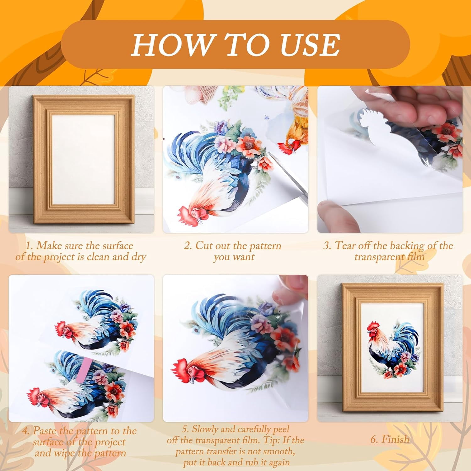 Chicken Rub on Transfers for Crafts - 6 Sheets Farm Rub on Transfer Stickers for Furniture Sunflower Rub on Transfers for Wood Glass Scrapbook DIY Home Decor 11.8x7.9 Inch