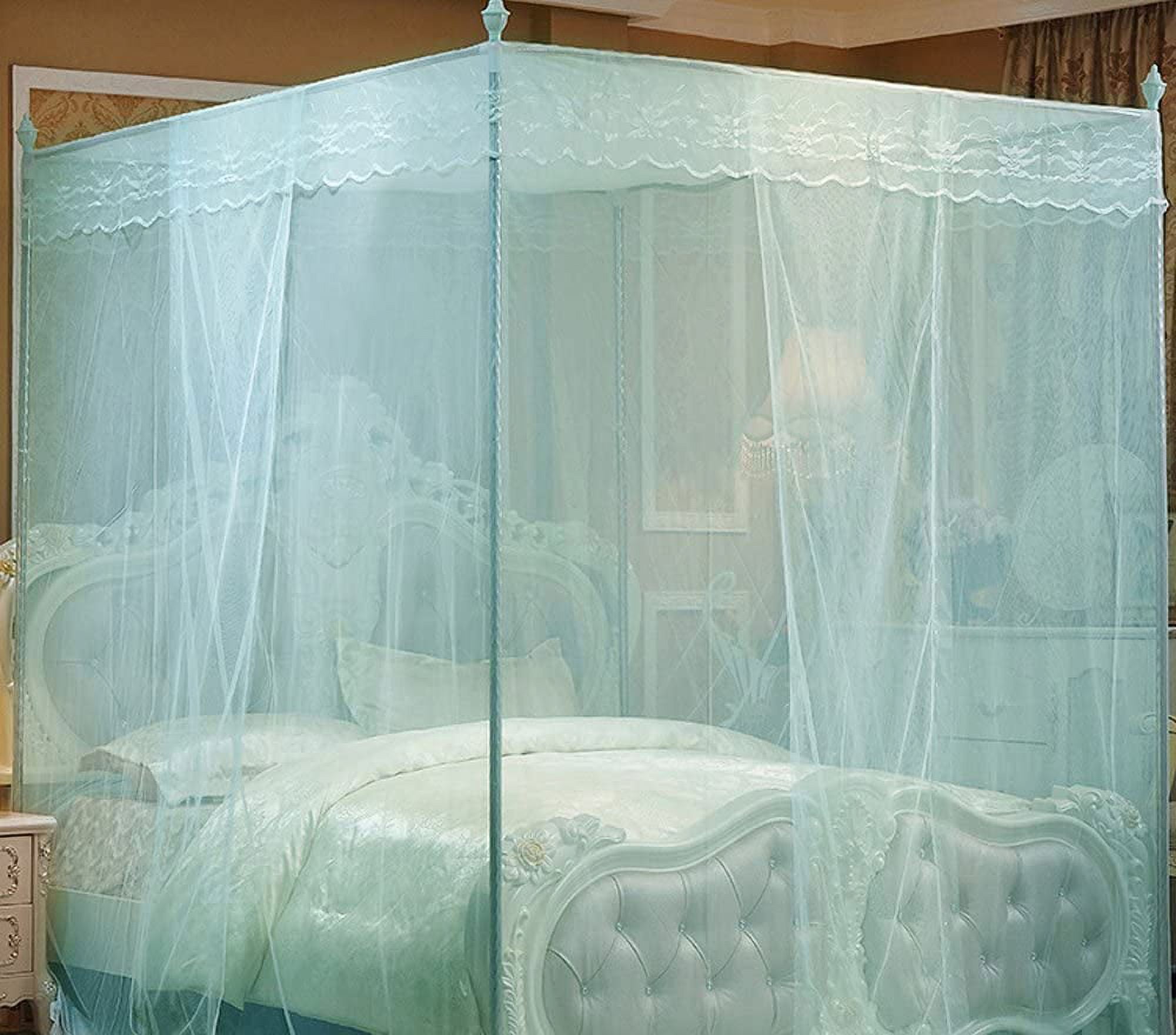 Manunclaims Elegant Mosquito Net Blue Four Corner Post Curtains Bed Canopy