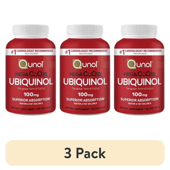(3 pack) Qunol Mega Ubiquinol CoQ10 Softgels, 100mg, Antioxidant Supplement for Heart Health, 60 Count