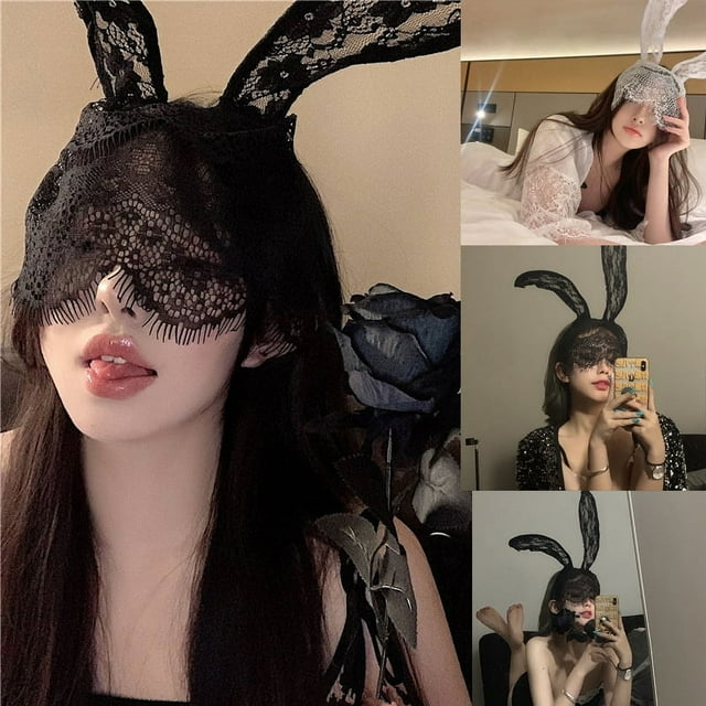Banda para el cabello de encaje con orejas de conejo negras, banda para el cabello de encaje con forma de bola, tocado de fiesta de gran sentido para mujer
