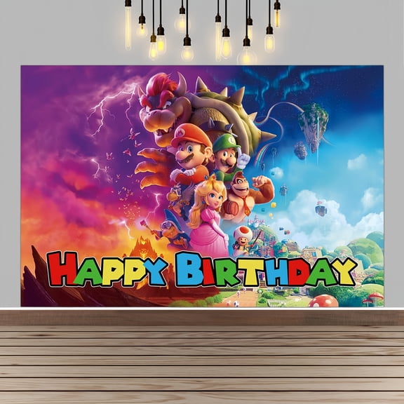 Mario Happy Birthday Anime Cartoon Theme Backdrops Banner Birthday Party Decor Supplies(5x3ft)
