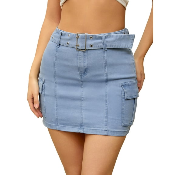 INSPIRE CHIC Women's Skirt Denim High Waisted Stretch Belted Cargo Pocket Bodycon Mini Skirts S Light Blue