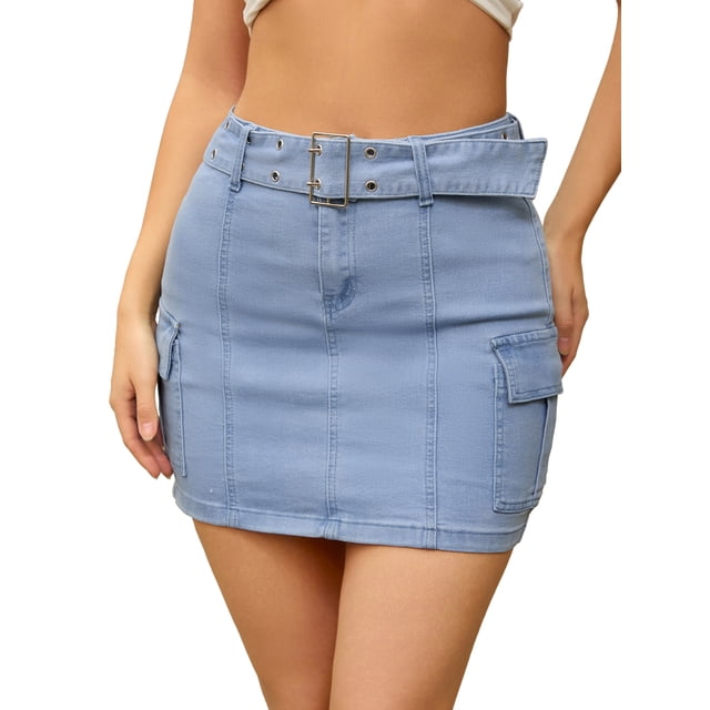 Falda de Mezclilla de Cintura Alta con Cinturón Elástico y Bolsillos Cargo para Mujeres INSPIRE CHIC 2XL Azul Claro