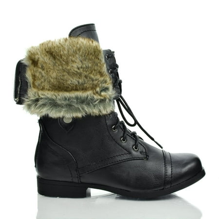 Bumper - Freda45E by Bumper, Round Toe Lace Up Faux Fur Lining Fold ...