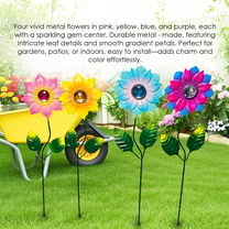 4 Pack Flower Garden Stakes Outdoor Decor Metal  Yard Art, Weather Proof Flower Stakes for Yard Porch Lawn Pathway Pot Decorations(Multi-Color)