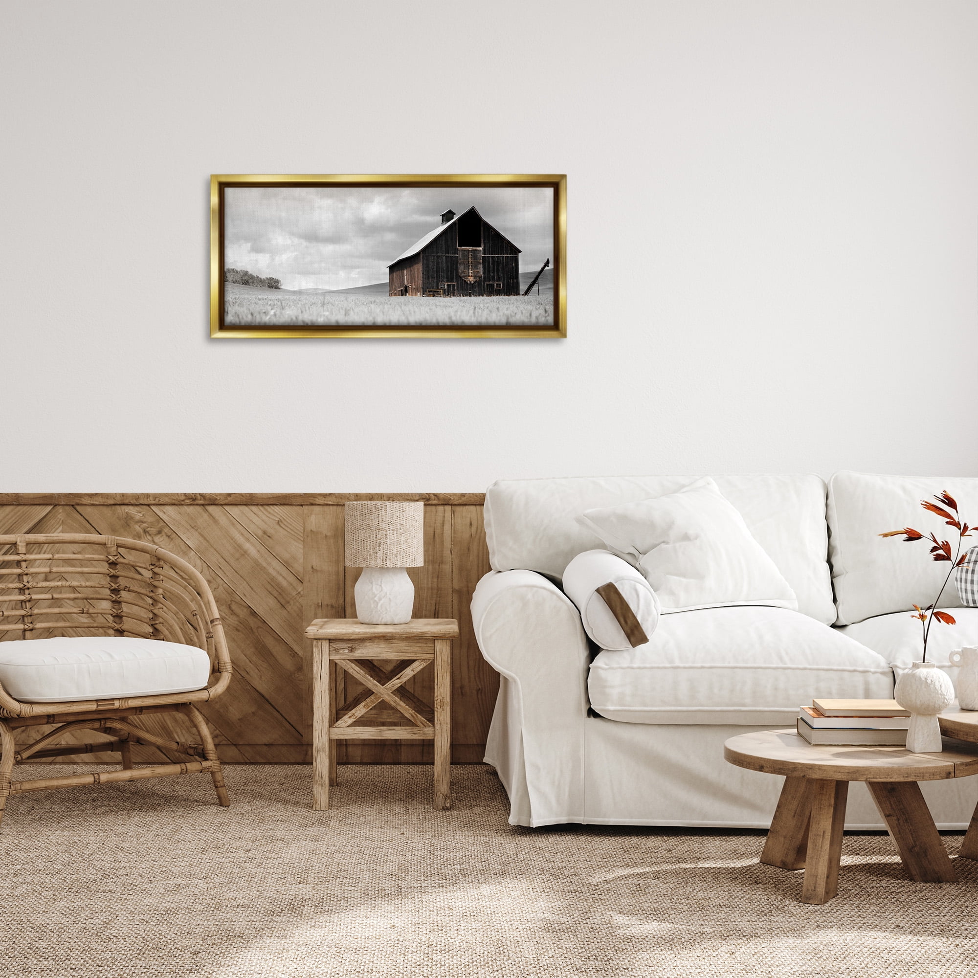 Stupell Industries Rustic Barn Scene Landscape Photography Gold Floater Framed Canvas Art Print Wall Art, 31 x 14