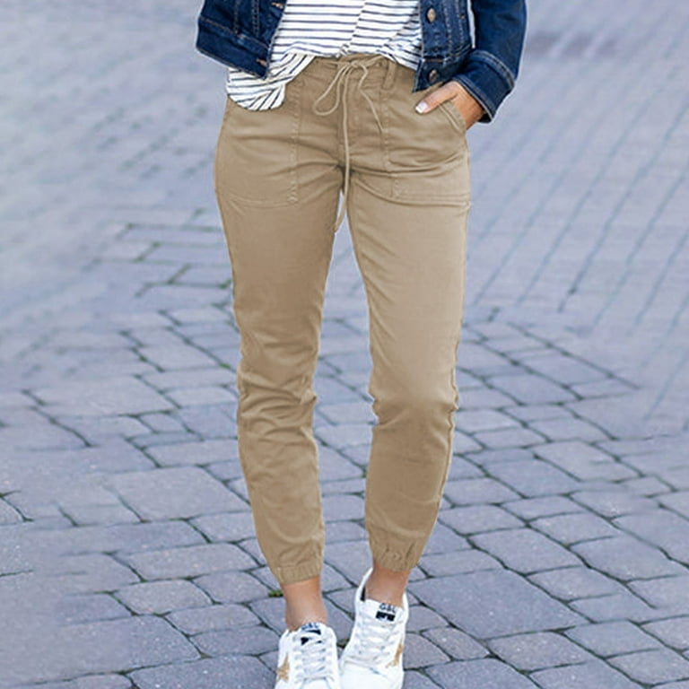 Hanas Pants Fashion Womens Summer Slim Pocket Cropped Solid Color Lace Casual  Pants Khaki/XXL 