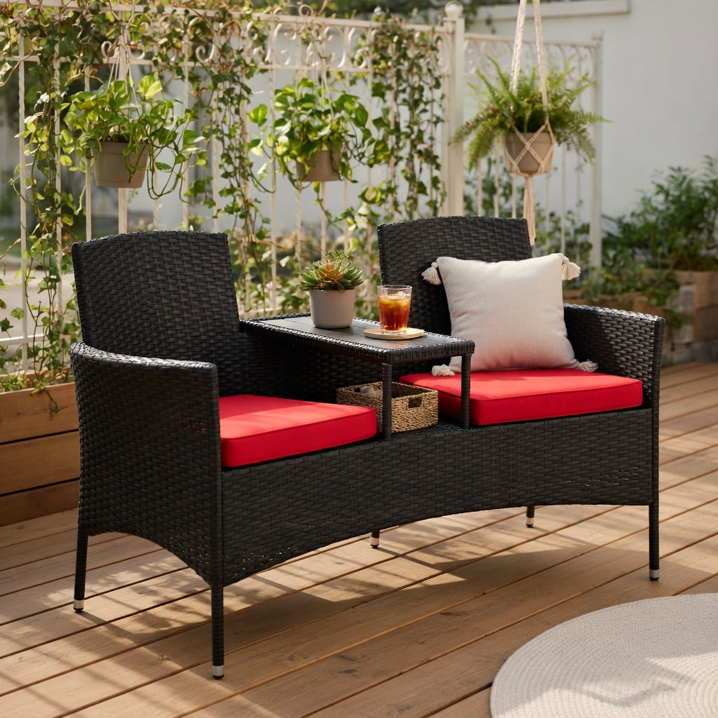 Resenkos 3 Piece Patio Conversation Bistro Set with Seat, Balcony Furniture Outdoor Rattan Patio Conversation Set with Built-in Coffee Table and Cushions for Garden Porch Yard, Red