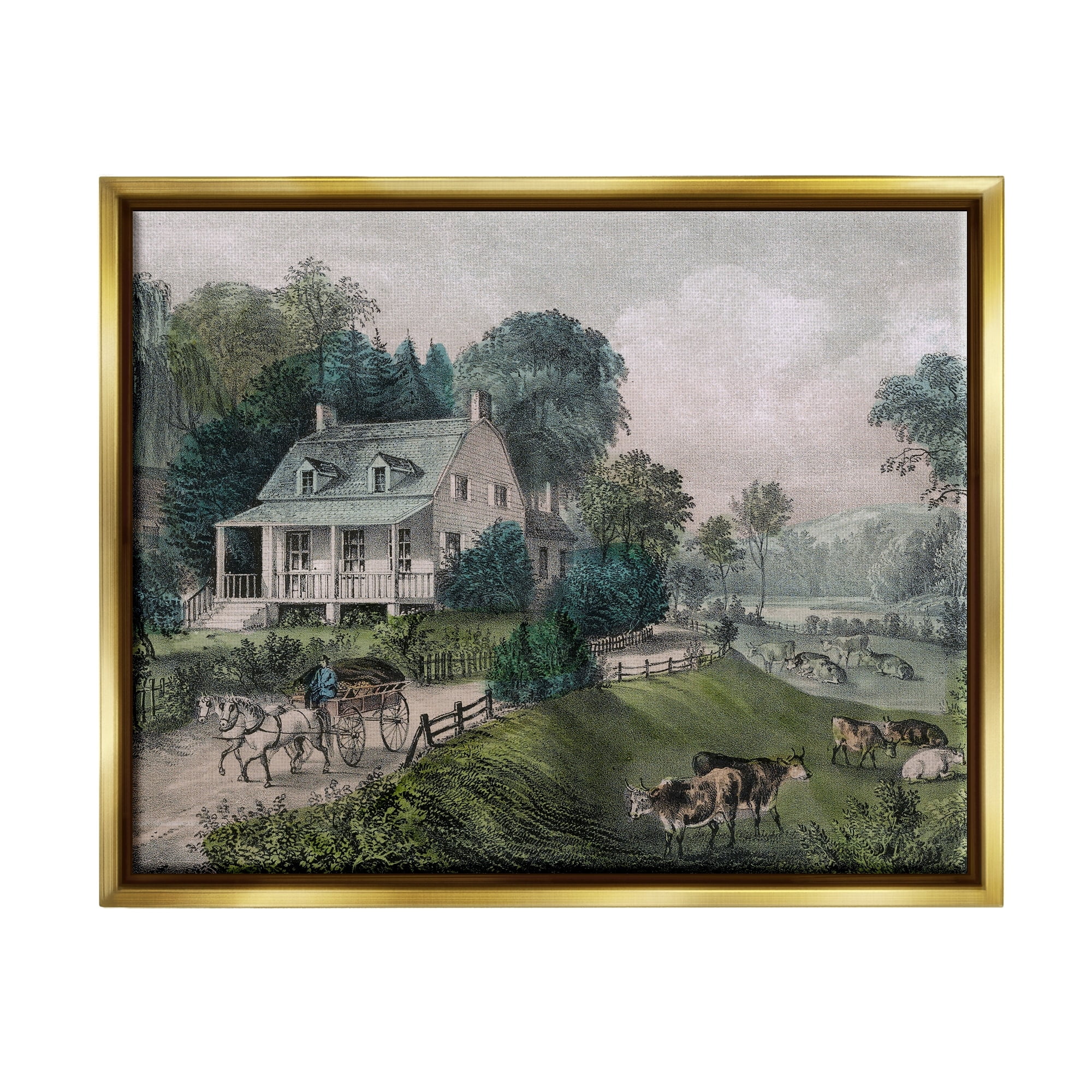 Stupell Industries Classic Countryside House Painting Roaming Farm Animals Painting Metallic Gold Floating Framed Canvas Print Wall Art, Design by Daphne Polselli