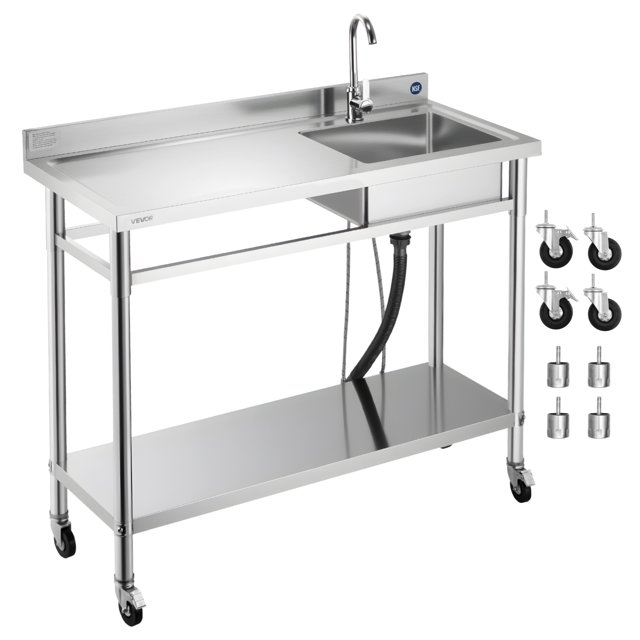 VEVOR Évier Utilitaire en Acier Inoxydable, Évier de Cuisine Commercial à Bol Unique Roulant avec Roues, Robinet et Tuyau d'Eau Chaude et Froide, 47.2x19.7x41.5 Po