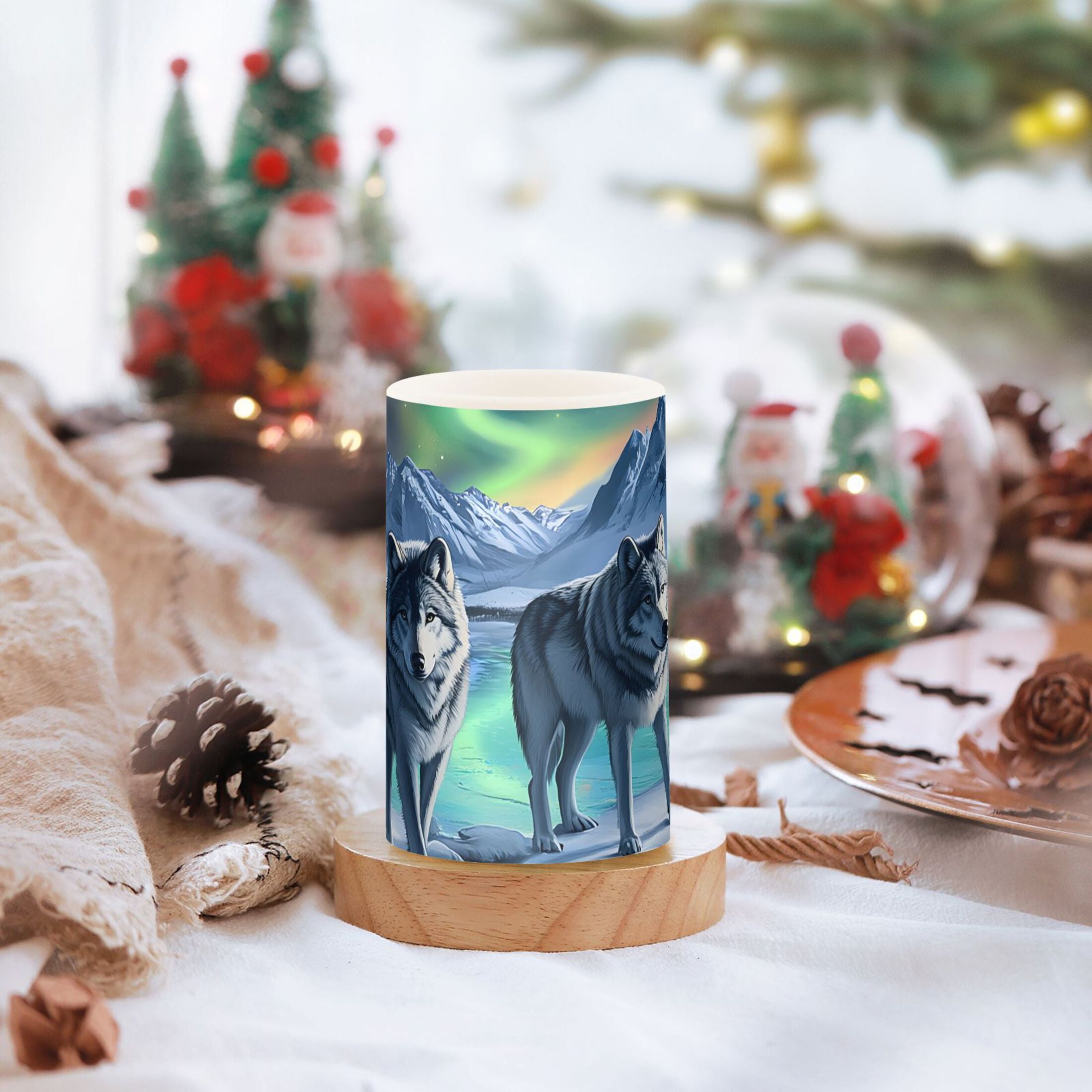 Aurora Two Wolf Flickering Flameless Candles Battery Operated with Remote Timer LED Pillar Candles Set of 2