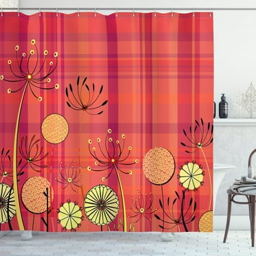 Ambesonne Floral Shower Curtain, Umbellifer Flower Tartan, 69"Wx75"L, Yellow Dark Coral